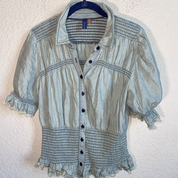 Pilcro and the Letterpress Tops - Pilcro Anthropologie Western Antique Denim Smocked Crop Frayed Button Blouse M